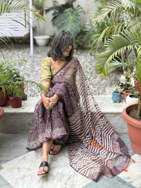 CHERRY HAND BLOCK PRINT EMBROIDERED COTTON KOTA SARI