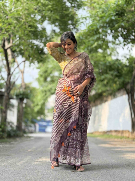CHERRY HAND BLOCK PRINT EMBROIDERED COTTON KOTA SARI