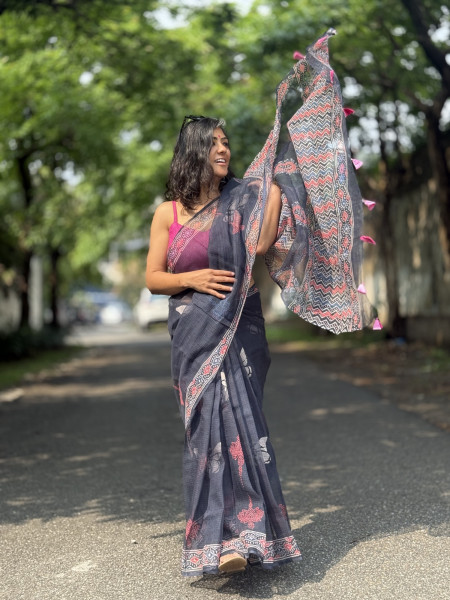 BLACK HAND BLOCK PRINT COTTON KOTA SARI