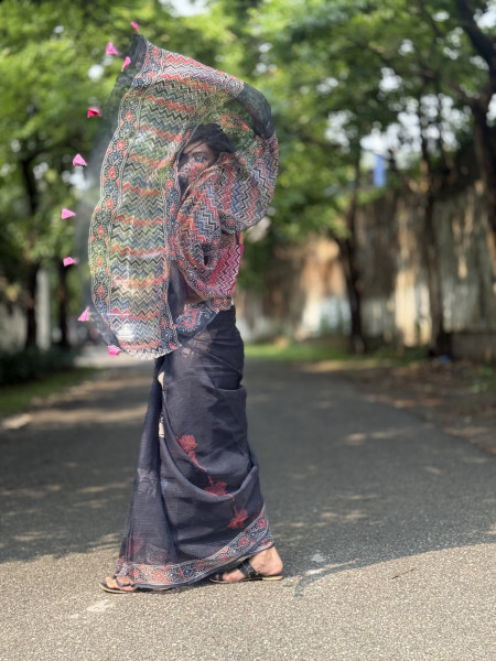BLACK HAND BLOCK PRINT COTTON KOTA SARI