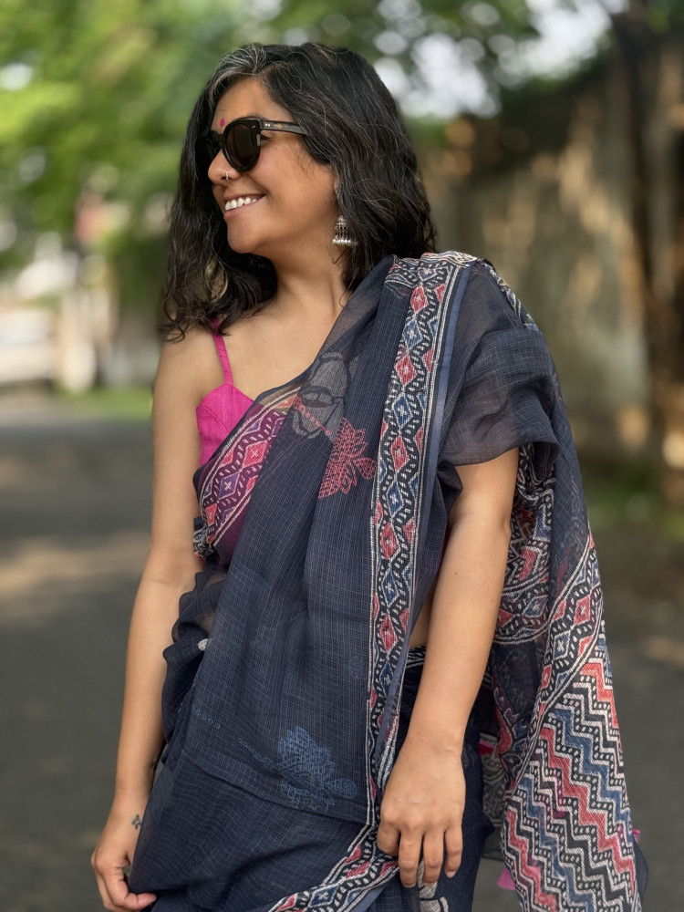 Image of BLACK HAND BLOCK PRINT COTTON KOTA SARI