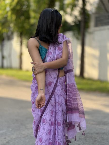MAUVE HAND BLOCK PRINT COTTON KOTA SARI