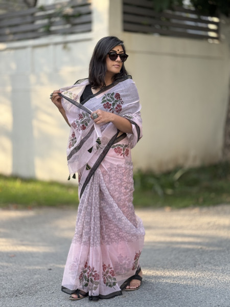 POWDER PINK HAND BLOCK PRINT COTTON KOTA SARI