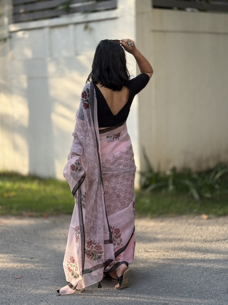 POWDER PINK HAND BLOCK PRINT COTTON KOTA SARI