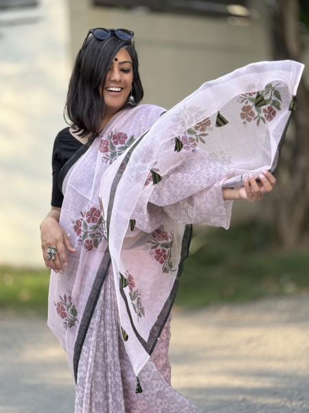 POWDER PINK HAND BLOCK PRINT COTTON KOTA SARI