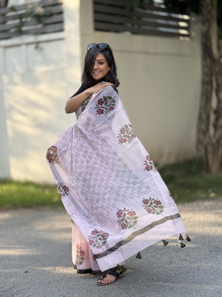 POWDER PINK HAND BLOCK PRINT COTTON KOTA SARI