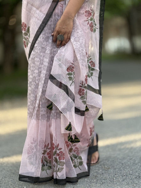 POWDER PINK HAND BLOCK PRINT COTTON KOTA SARI