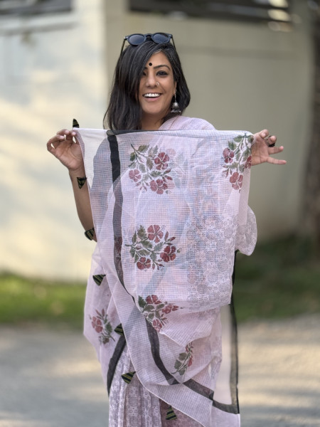 POWDER PINK HAND BLOCK PRINT COTTON KOTA SARI