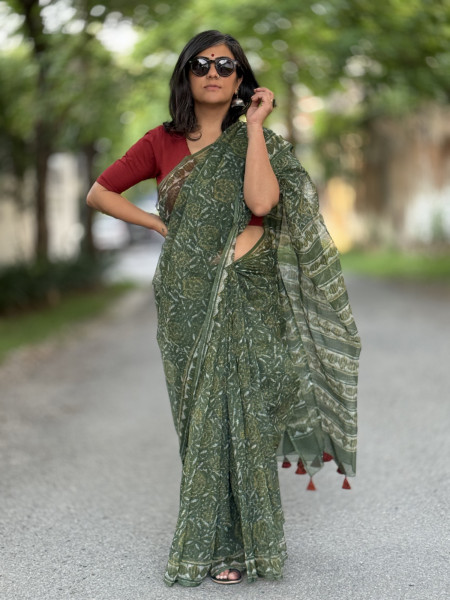 GREEN HAND BLOCK PRINT COTTON KOTA SARI