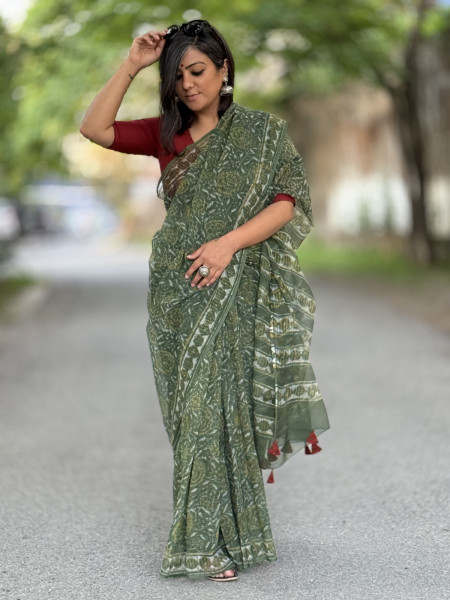 GREEN HAND BLOCK PRINT COTTON KOTA SARI