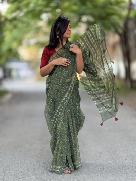 GREEN HAND BLOCK PRINT COTTON KOTA SARI