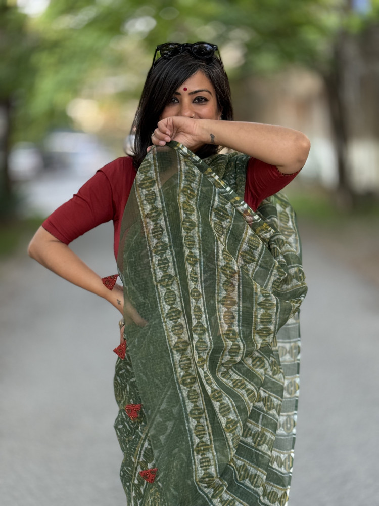 Image of GREEN HAND BLOCK PRINT COTTON KOTA SARI