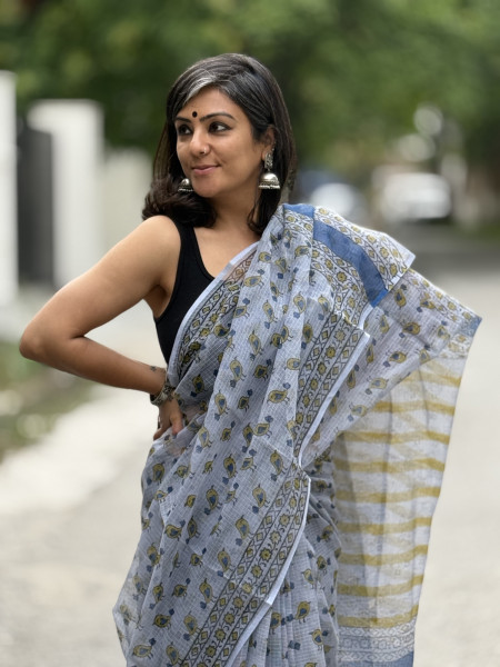 ICE-BLUE HAND BLOCK PRINT COTTON KOTA SARI