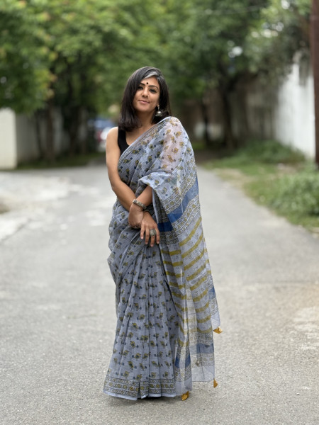 ICE-BLUE HAND BLOCK PRINT COTTON KOTA SARI