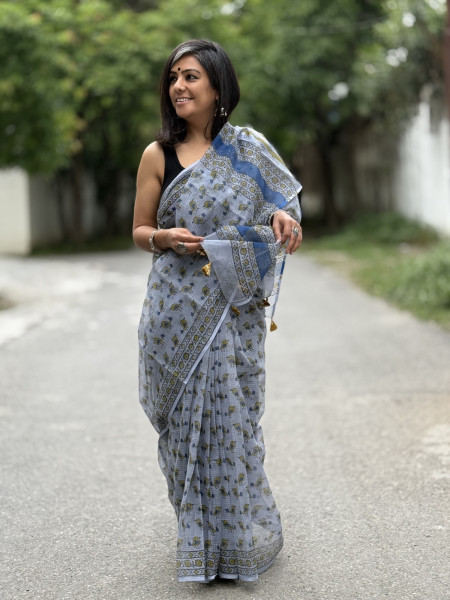 ICE-BLUE HAND BLOCK PRINT COTTON KOTA SARI