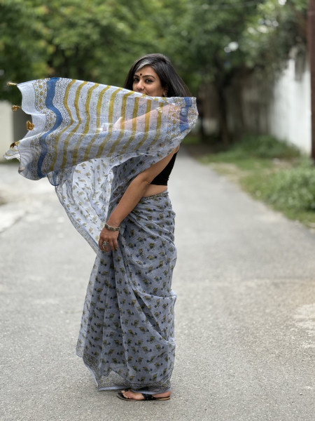 ICE-BLUE HAND BLOCK PRINT COTTON KOTA SARI