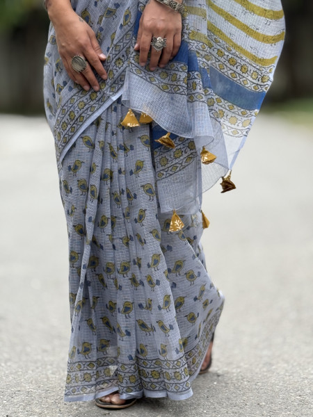 ICE-BLUE HAND BLOCK PRINT COTTON KOTA SARI
