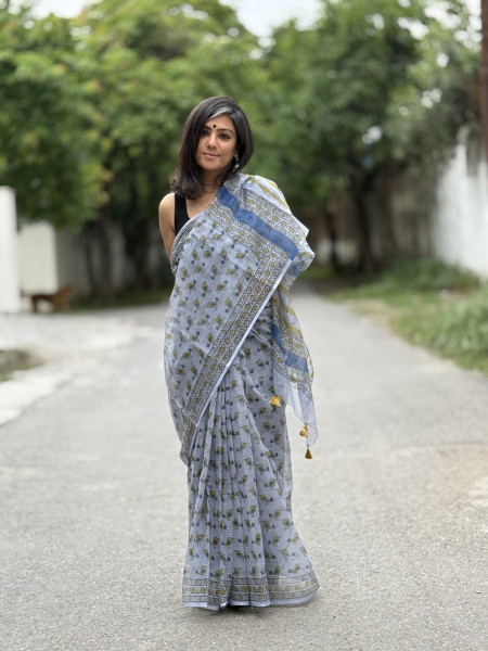 ICE-BLUE HAND BLOCK PRINT COTTON KOTA SARI