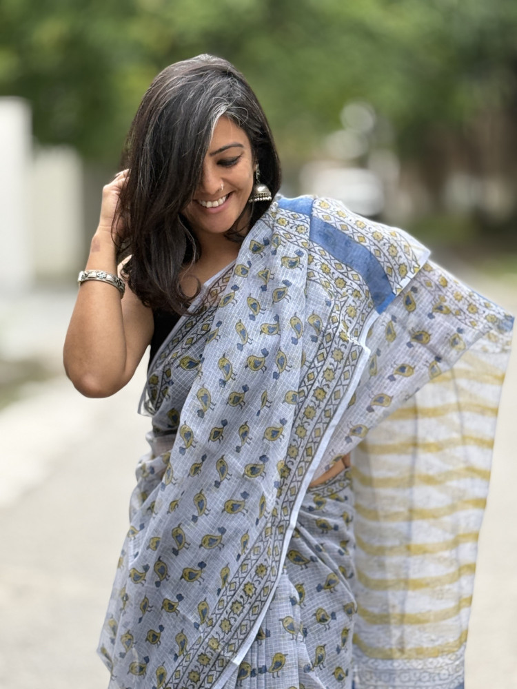 Image of ICE-BLUE HAND BLOCK PRINT COTTON KOTA SARI