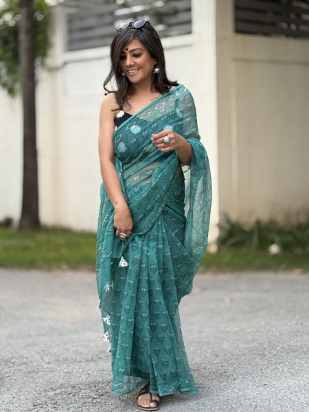 AQUA HAND BLOCK PRINT COTTON KOTA SARI