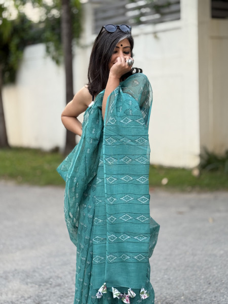 AQUA HAND BLOCK PRINT COTTON KOTA SARI