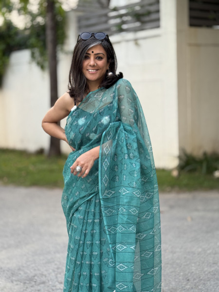 AQUA HAND BLOCK PRINT COTTON KOTA SARI