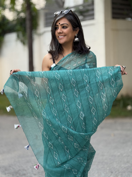 AQUA HAND BLOCK PRINT COTTON KOTA SARI
