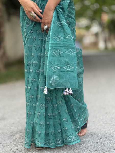 AQUA HAND BLOCK PRINT COTTON KOTA SARI