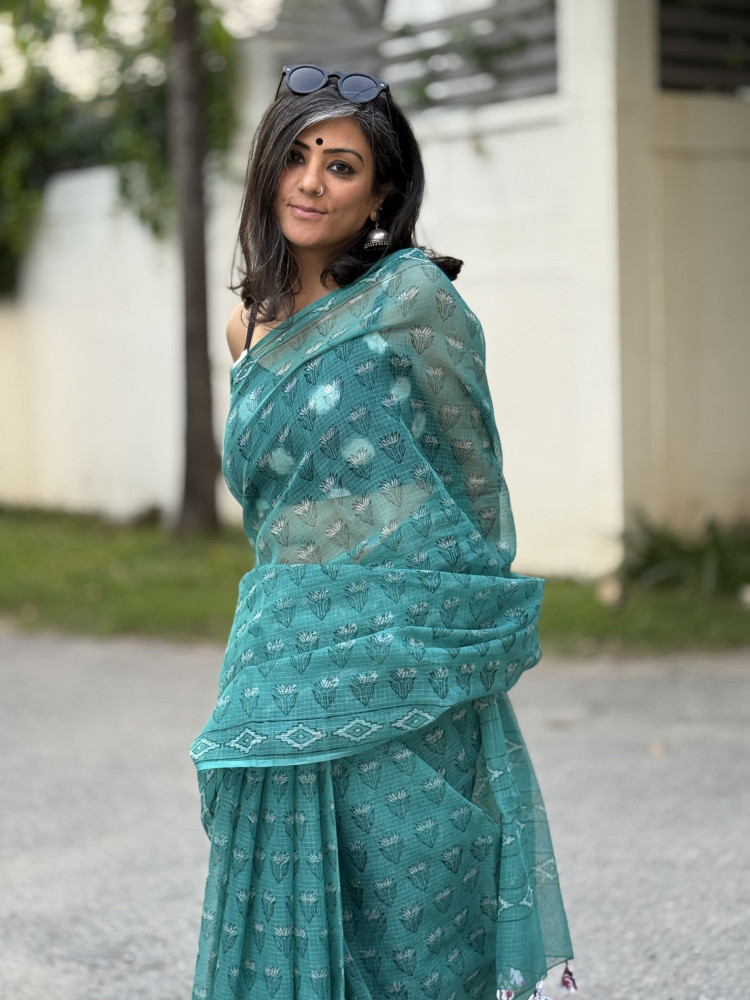 Image of AQUA HAND BLOCK PRINT COTTON KOTA SARI