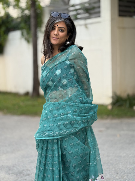 AQUA HAND BLOCK PRINT COTTON KOTA SARI