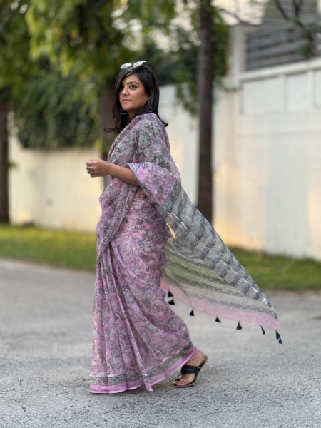 PINK HAND BLOCK PRINT COTTON KOTA SARI