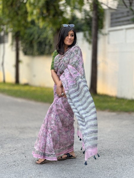 PINK HAND BLOCK PRINT COTTON KOTA SARI