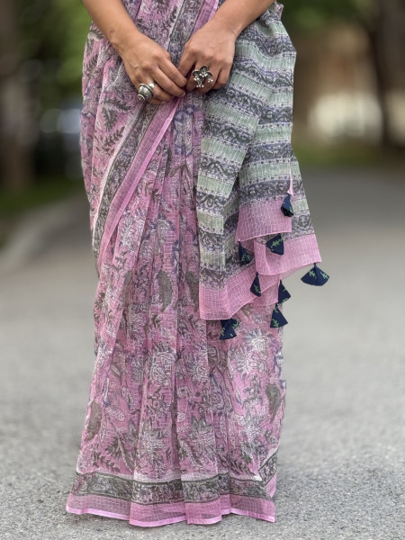 PINK HAND BLOCK PRINT COTTON KOTA SARI