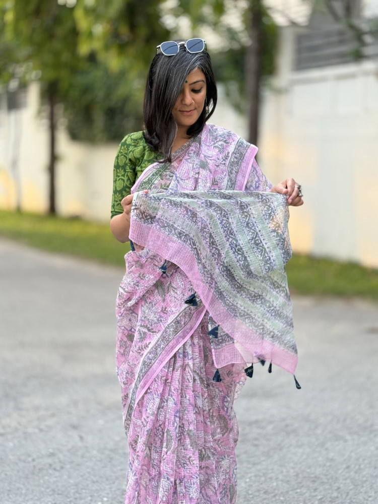 Image of PINK HAND BLOCK PRINT COTTON KOTA SARI