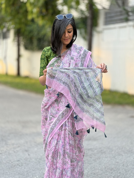 PINK HAND BLOCK PRINT COTTON KOTA SARI