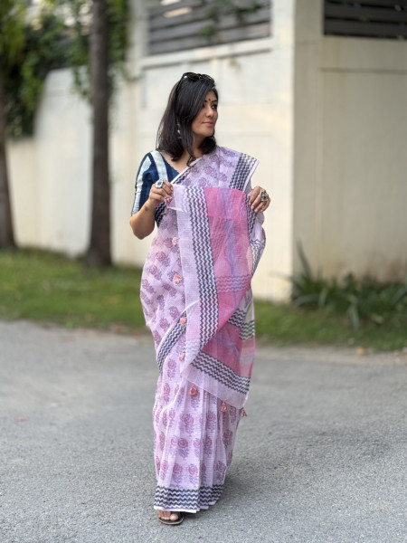 PINK HAND BLOCK PRINT COTTON KOTA SARI