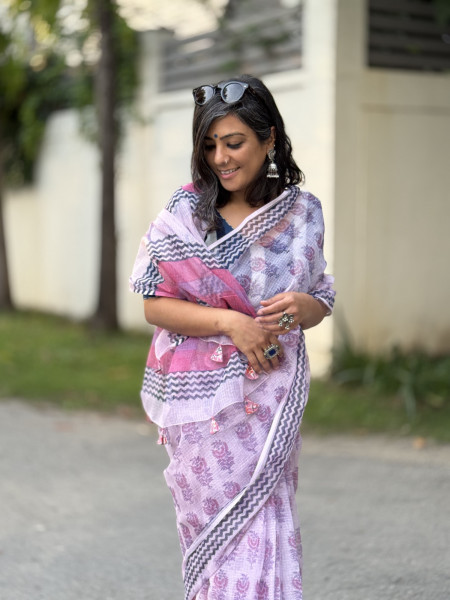 PINK HAND BLOCK PRINT COTTON KOTA SARI