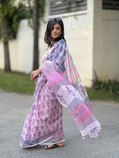 PINK HAND BLOCK PRINT COTTON KOTA SARI