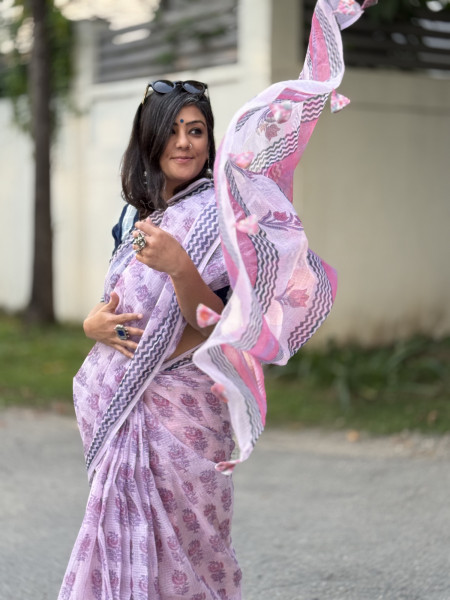PINK HAND BLOCK PRINT COTTON KOTA SARI