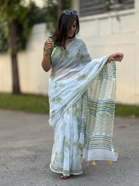 SEA GREEN HAND BLOCK PRINT COTTON KOTA SARI
