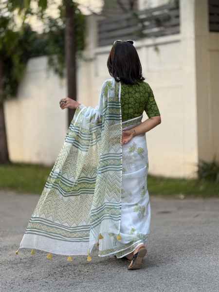 SEA GREEN HAND BLOCK PRINT COTTON KOTA SARI