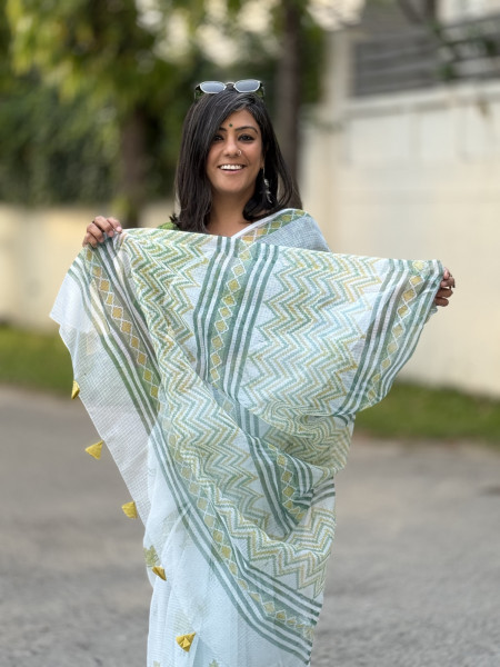 SEA GREEN HAND BLOCK PRINT COTTON KOTA SARI