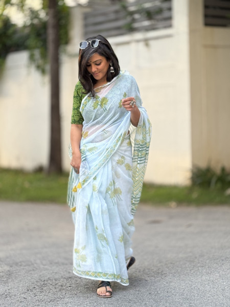 SEA GREEN HAND BLOCK PRINT COTTON KOTA SARI