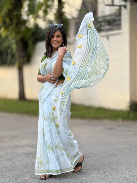 SEA GREEN HAND BLOCK PRINT COTTON KOTA SARI
