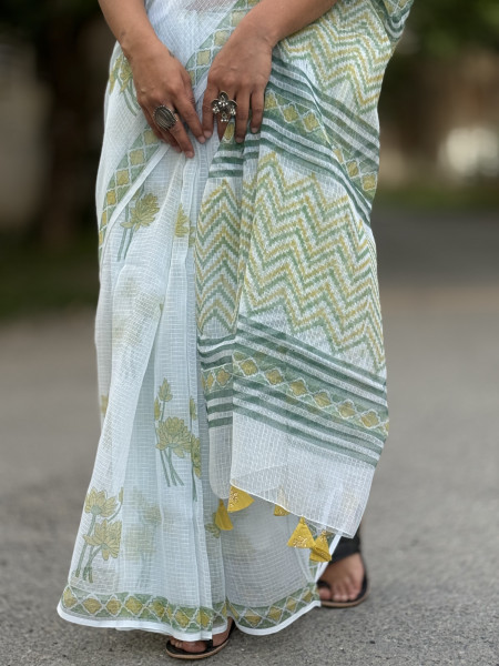 SEA GREEN HAND BLOCK PRINT COTTON KOTA SARI