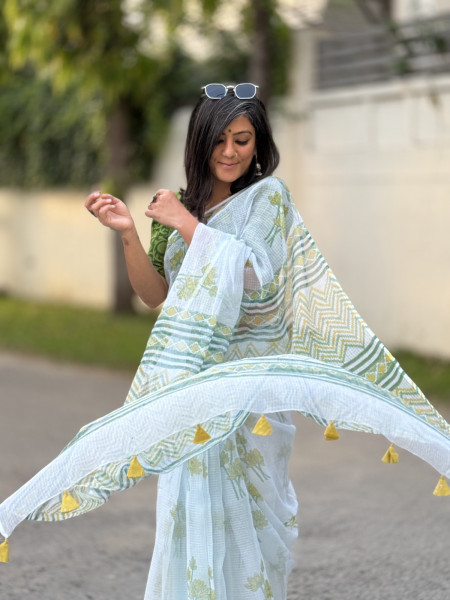 SEA GREEN HAND BLOCK PRINT COTTON KOTA SARI