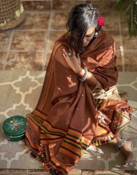 BROWN PURE WOOL hand dyed woven shaWL