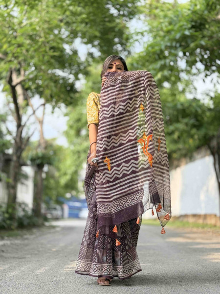 CHERRY HAND BLOCK PRINT EMBROIDERED COTTON KOTA SARI