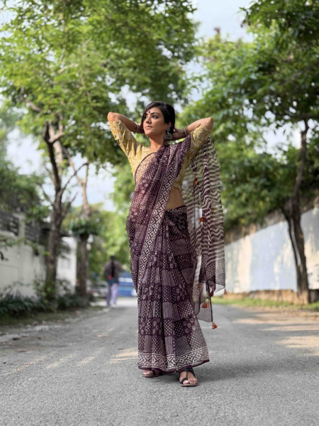 CHERRY HAND BLOCK PRINT EMBROIDERED COTTON KOTA SARI