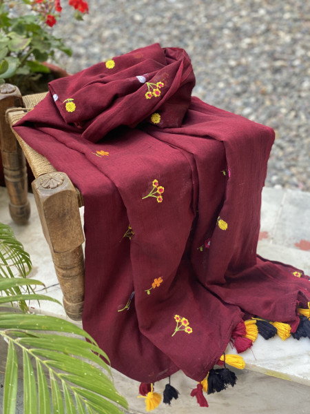 MAROON COTTON MULMUL EMBROIDERED SARI